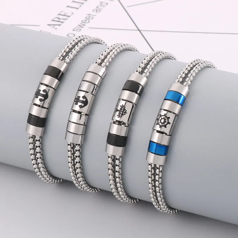Wholesale Stainless Steel Double-Layer Boat Anchor Color Matching Bracelet Jewelry Buckle Trendy Men's Jewelry