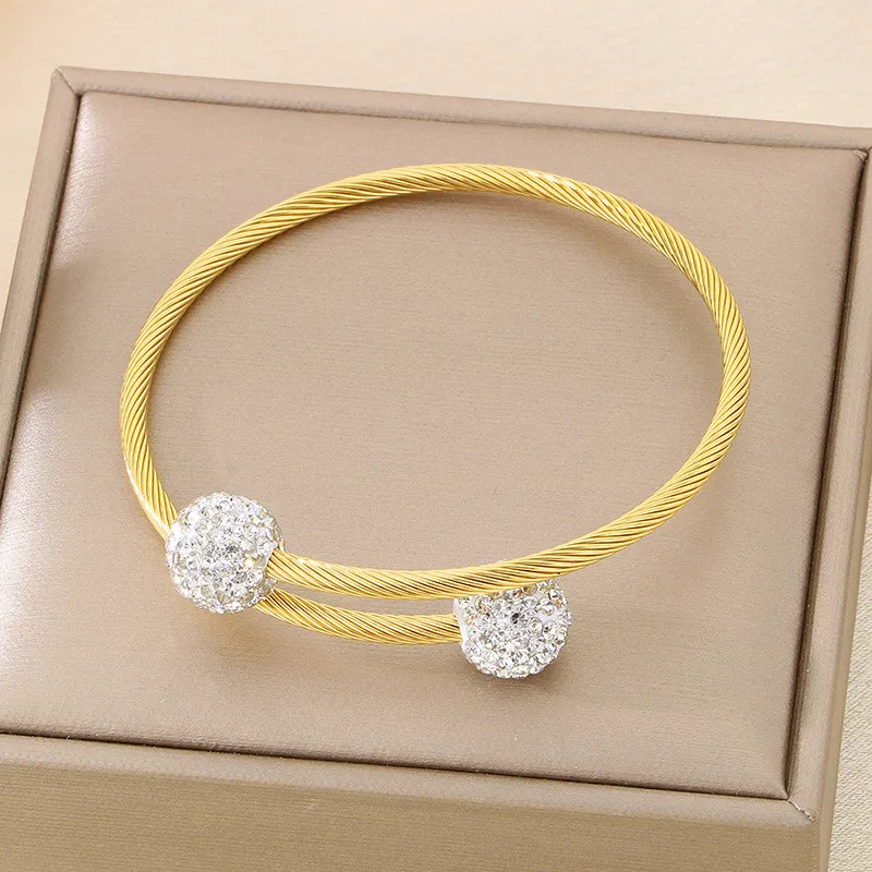 Fashion Round White Clay Full Rhinestone Open Wire Woven Stainless Steel Bangle