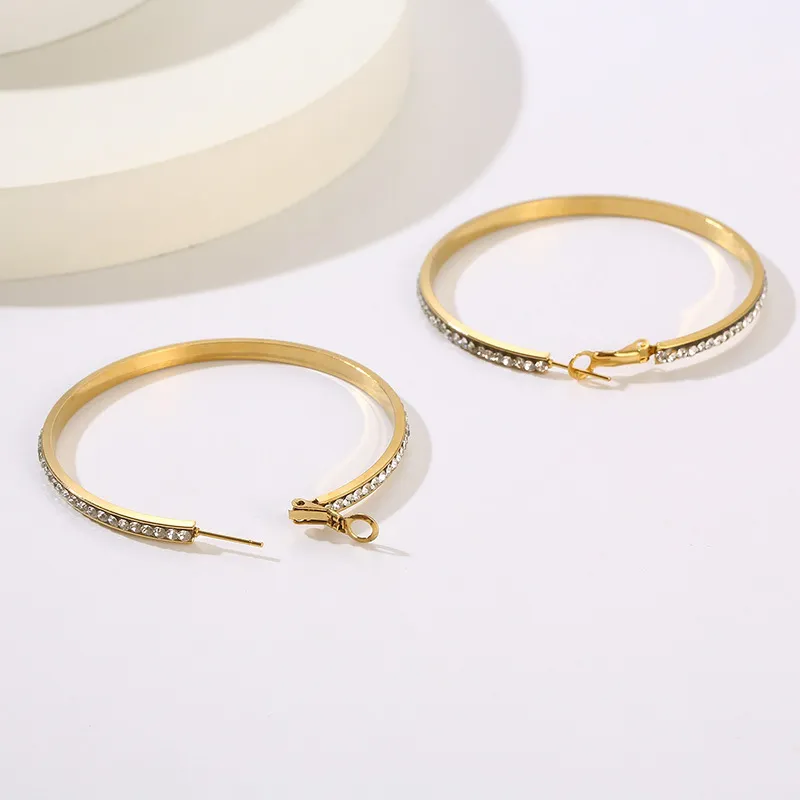 Trendy Statement Earrings Geometric Round Hollow Rhinestone-Embedded Stainless Steel Hoops Women Wholesale