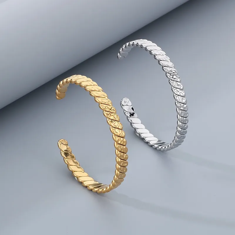 Ins Stainless Steel Textured C-Shaped Adjustable Bracelet Personality Twisted Rope Bangle Wholesale