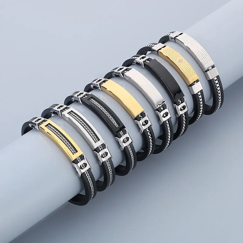 European and American Style Silicone Paired with Stainless Steel Bracelet for Fashionable Men's Jewelry