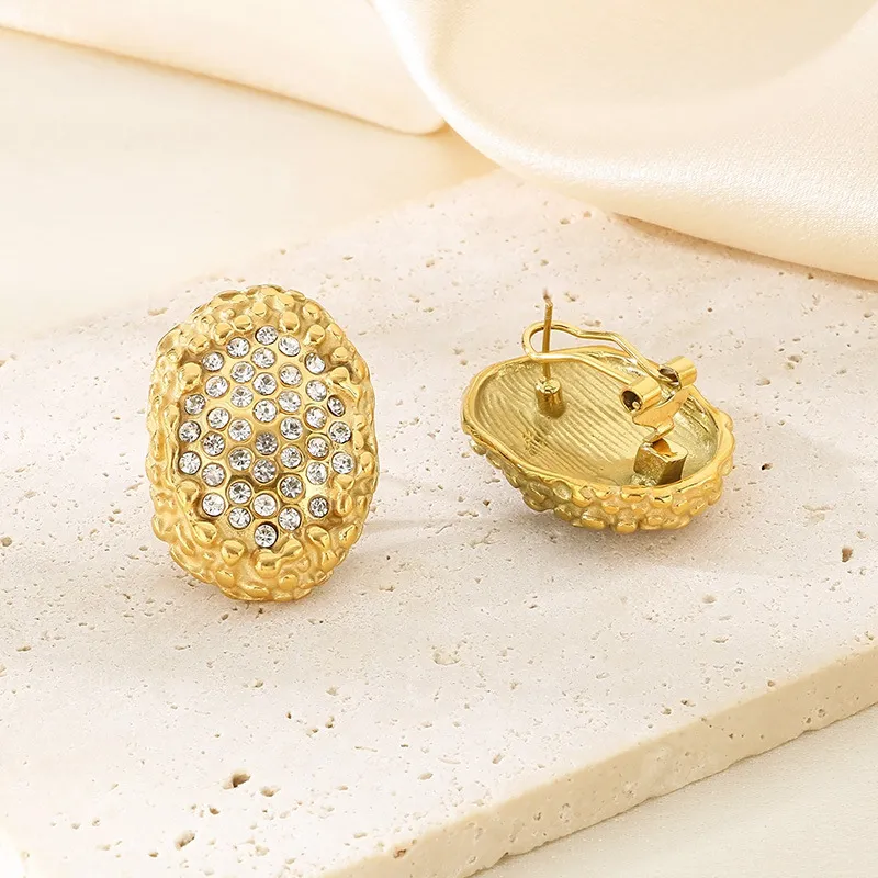 Popular Full Rhinestone Oval Stainless Steel Huggie Earrings Elegant Geometric Jewelry Wholesale