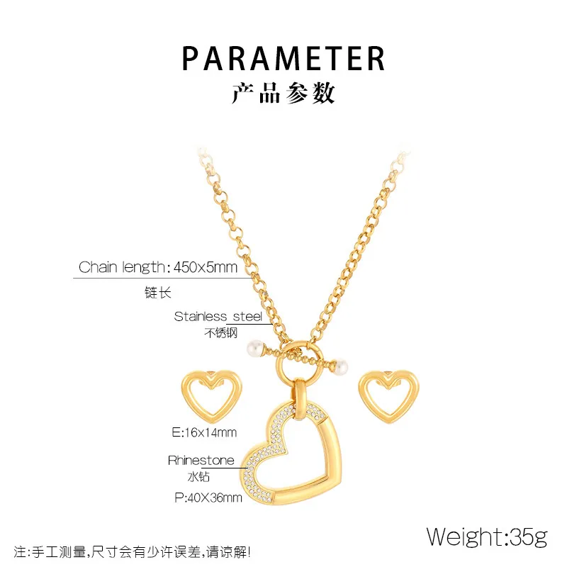 Fashionable Hollowed-out Diamond-Encrusted Heart Pendant Women's Stainless Steel Necklace and Earring Set
