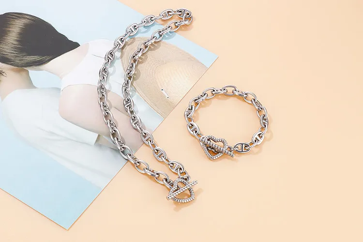 Personalized Stainless Steel Heart-Shaped Pendant Thick Chain Jewelry Sets