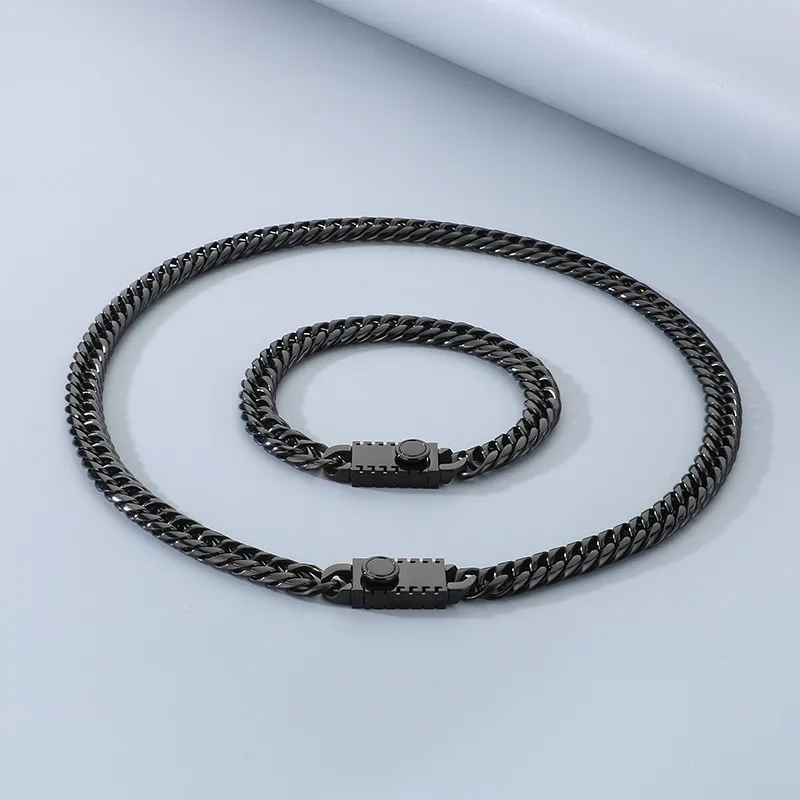 European and American Fashion Denim Chain Polished Stainless Steel Jewelry Men's Bracelet Necklace Set