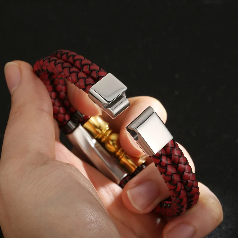Men's Fashion Stainless Steel Metal Accessories Double-Layer Braided Leather Rope Bracelet