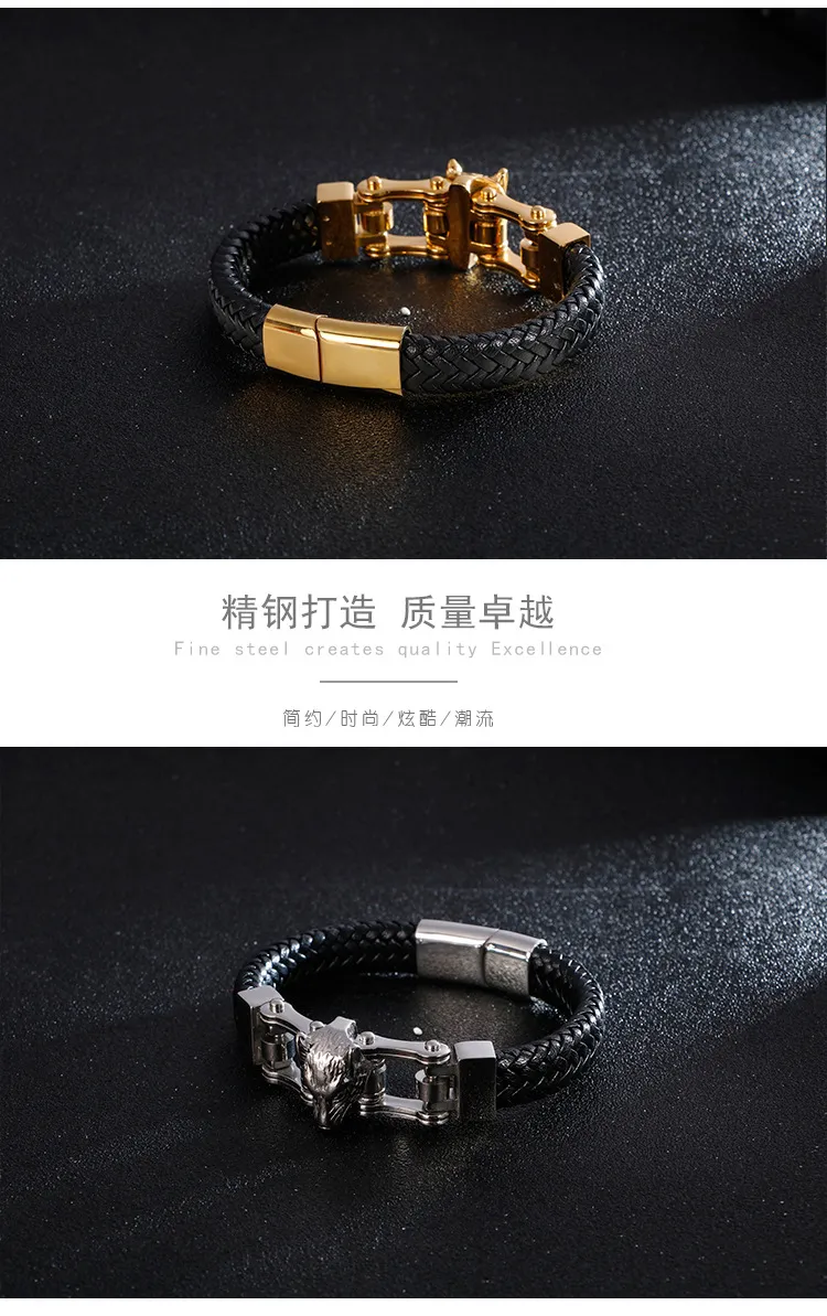 Trendy Men's Stainless Steel Creative Wolf Head Animal Series Woven Leather Bracelet