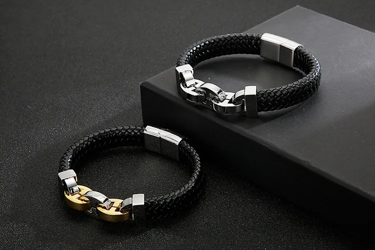 Trendy Men's Jewelry Stainless Steel Geometric Chain Splicing Woven Cowhide Leather Bracelet