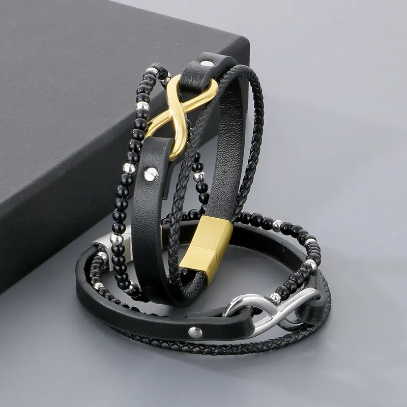 Trendy Men's Stainless Steel 8-Shaped Multi-Layer Woven Leather Bead Magnetic Buckle Bracelet