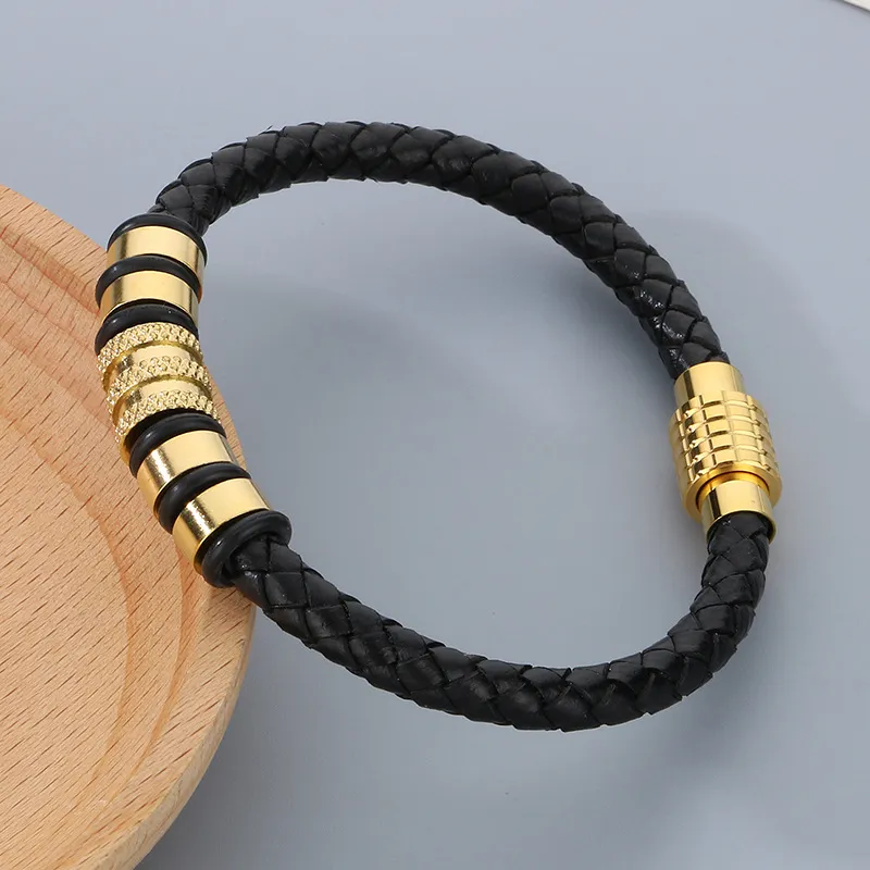 Minimalist and Trendy Stainless Steel Magnetic Buckle Bracelet Woven Leather Bracelet for Men