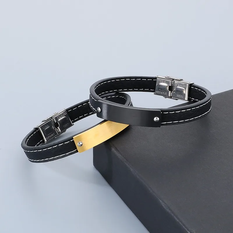 Jewelry Wholesale Men's Trendy Stainless Steel Geometric Curved Plate with Logo Engraved Leather Bracelet