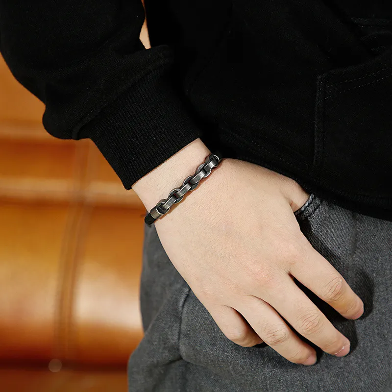 Men's Trendy Stainless Steel Braided Leather Rope Splicing Chain Domineering Leather Bracelet