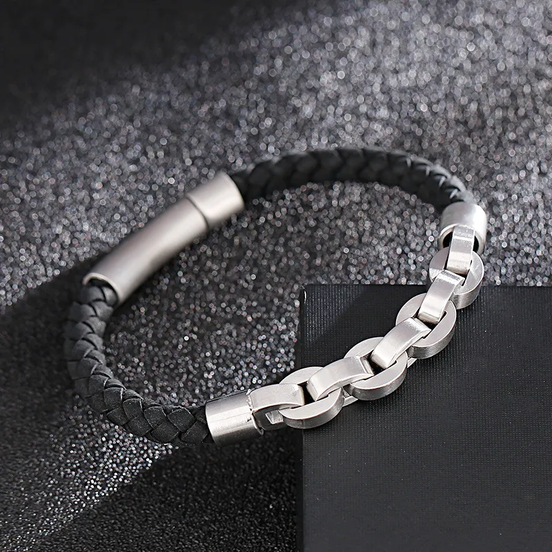 Men's Trendy Stainless Steel Braided Leather Rope Splicing Chain Domineering Leather Bracelet