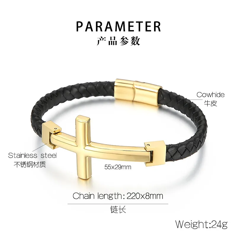 Trendy Stainless Steel Cross Woven Single Circle Cowhide Rope Leather Bracelet Wholesale Accessories
