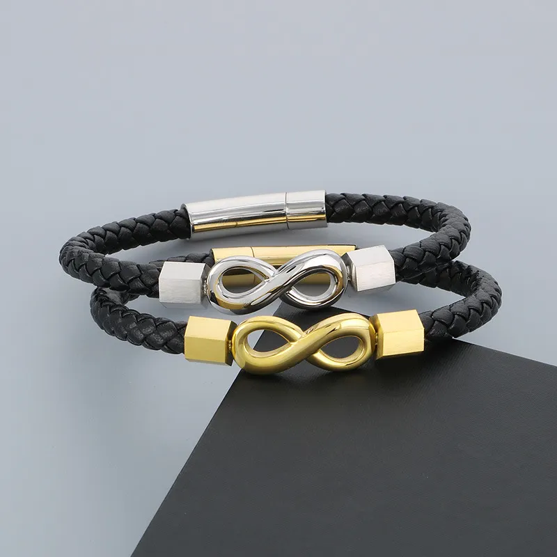 European and American Fashion Stainless Steel Creative 8-Shaped Accessory Men's Woven Leather Rope Bracelet