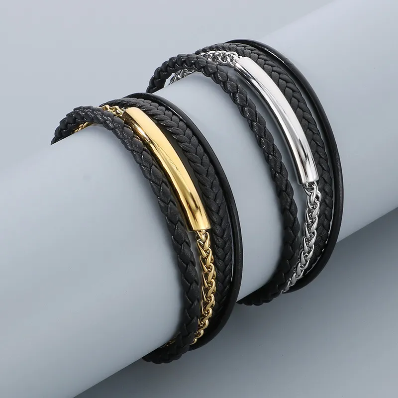 Men's Geometric Personalized Stainless Steel Magnet Buckle Multi Layer Braided Leather Bracelet Jewelry Wholesale
