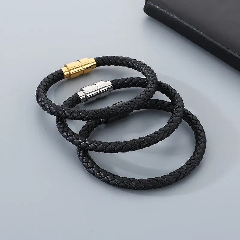 Fashionable Men's Stainless Steel Mesh Buckle Super Fiber Leather Rope Woven Bracelet Jewelry