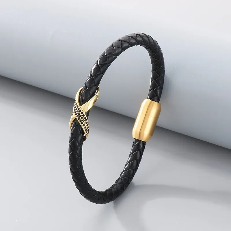 Men's Trendy Stainless Steel Magnetic Buckle Creative Diamond Inlaid 8-Shaped Retro Woven Leather Rope Bracelet