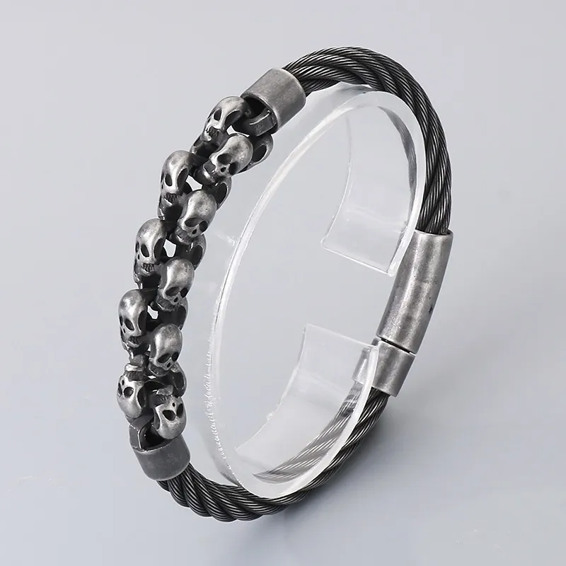 Retro Style Men's Stainless Steel Wire Waistband Punk Skull Bangle Bracelet