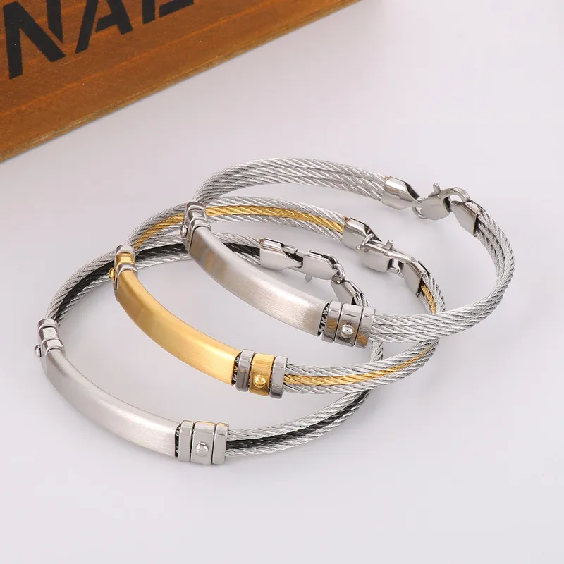 Stainless Steel Braided Three Row Steel Wire Rope Bangle with Curved Plate That Can Be Engraved with Letters