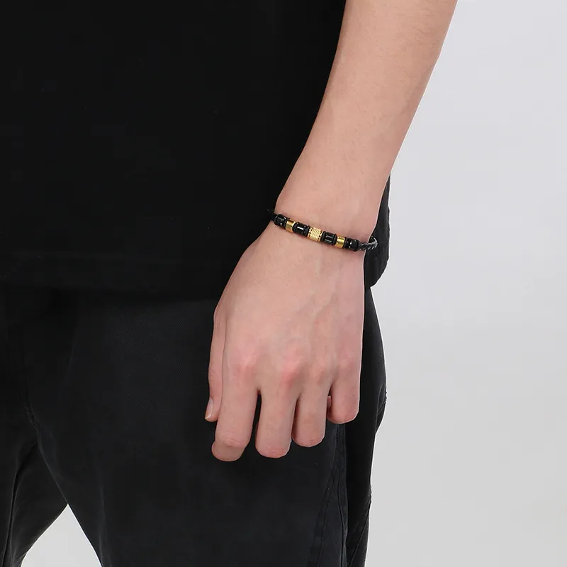 Trendy Men's Stainless Steel Unique Woven Geometric Mesh Leather Bracelet