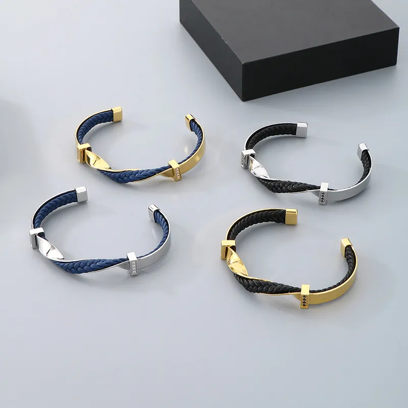 Fashion Stainless Steel Twisted Pattern Diamond Inlaid C-Shaped Open Woven Leather Bracelet Men's Jewelry